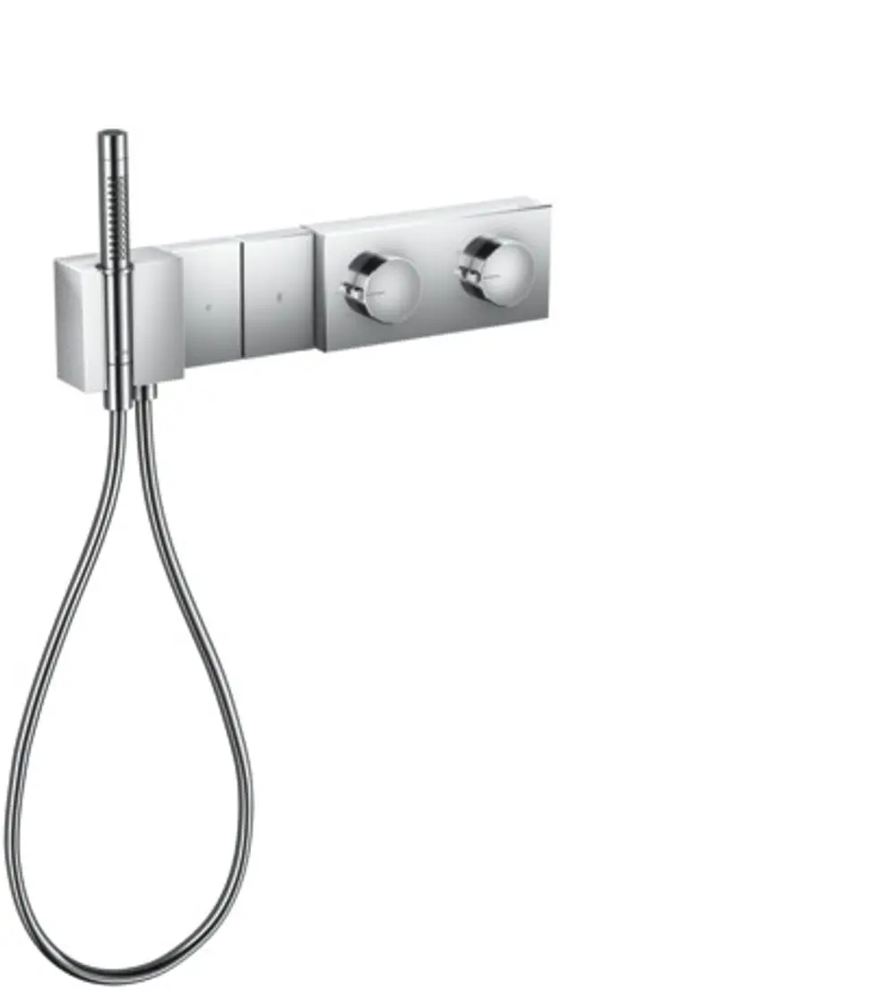 Thermostatmodul von AXOR in glänzendem Chrom mit zwei Drehreglern und Handbrause, montiert auf einer geraden Wand.